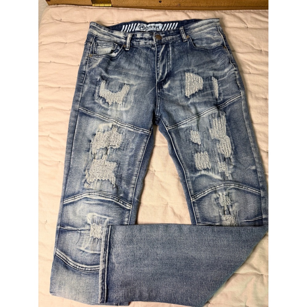 RGSTR Blue Distressed Moto Jeans Acid Wash Slim Fit Size 34 Streetwear Denim